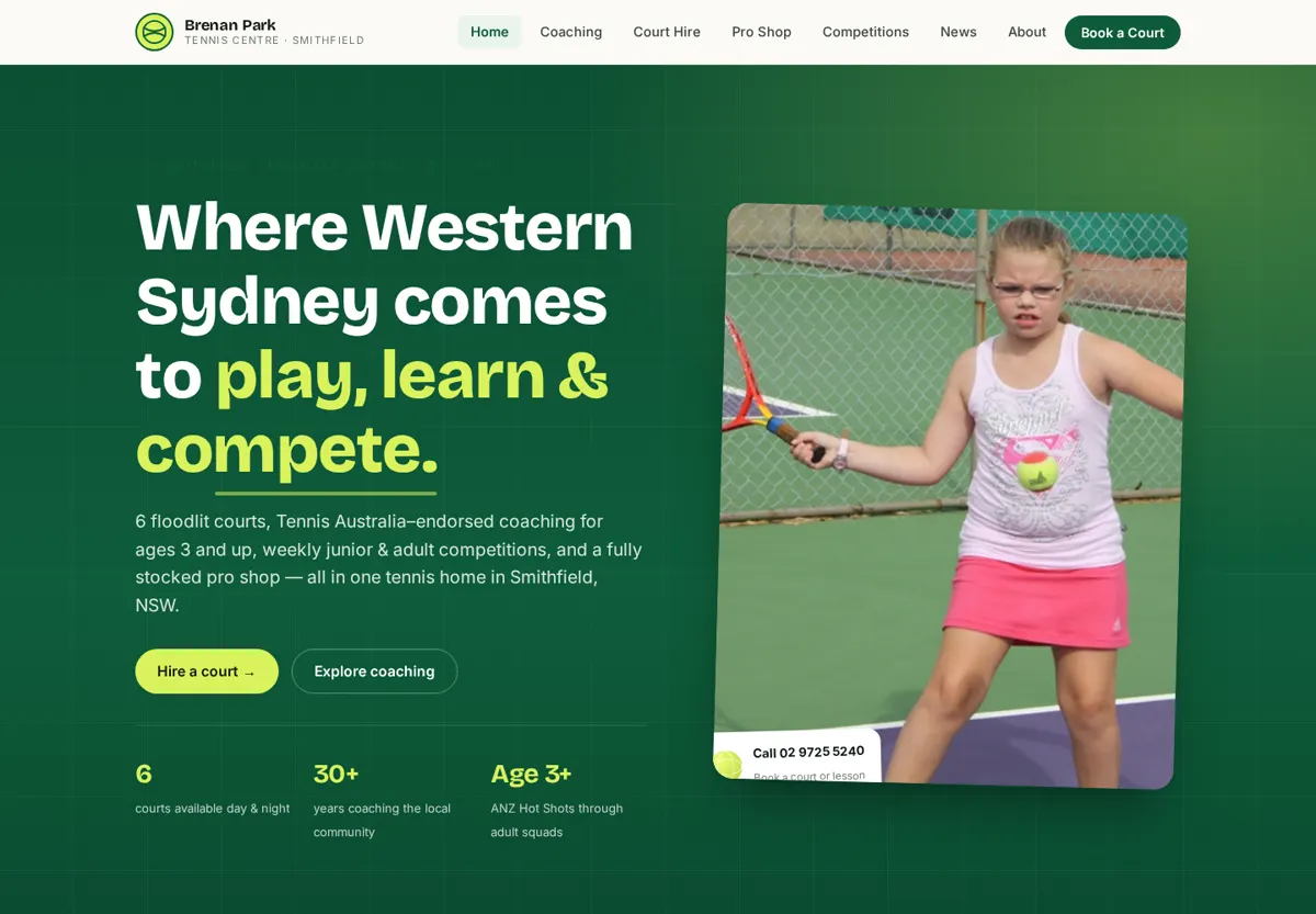 After screenshot of Brenan Park Tennis Centre redesign